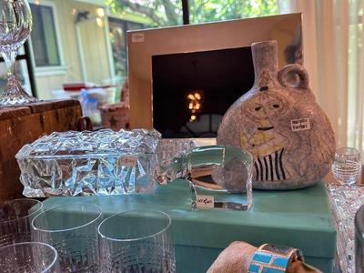 Tiffany photo frame and glass boxes.