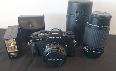 PENTAX SUPER-A CAMERA WITH SMC 50mm & 200mm LENSES PLUS A MINOLTA FLASH