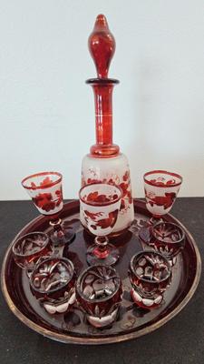 RARE BOHEMIAN RUBY FROSTED CORDIAL SET