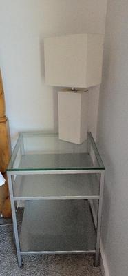 PAIR OF MODERN GLASS NIGHTSTANDS AND A LAMP