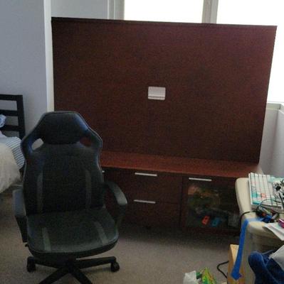 TV CABINET WITH AREA TO MOUNT FLAT SCREEN TV AND A GAMING CHAIR