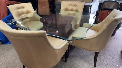Bombay Co Glass Pedestal Table With Silk Gold Chairs