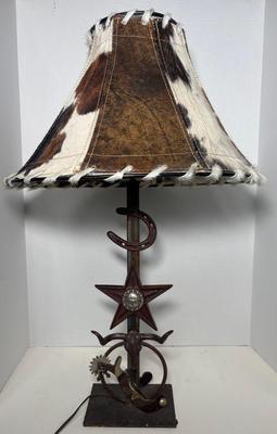 Luxurious Custom Western Spur & Horseshoe Lamp Featuring Texas Star &  Hand-Stitched Cowhide Shade