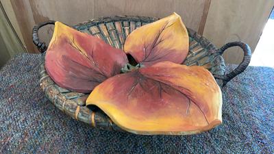 Handled Rattan Bowl & Handmade Clay Leaf Art