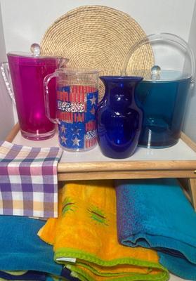 Round Woven Placemats, Serving Tray, Beach Towels, Acrylic Pitchers & Ice Bucket