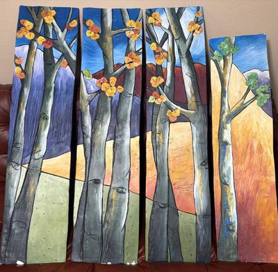 4-Panel Wall Art Featuring 3-D Birch Trees With Leaves & Rolling Hills