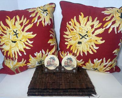 4 New W/Tags Pier 1 Wood Tile Square Placemats, Coasters & 2 Throw Pillows 