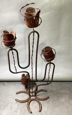 Iron Rod Cactus Horse Shoe Candle Holder Art Sculpture 