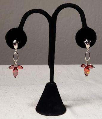 Red Garnet & White Topaz In .925 Silver Earrings 