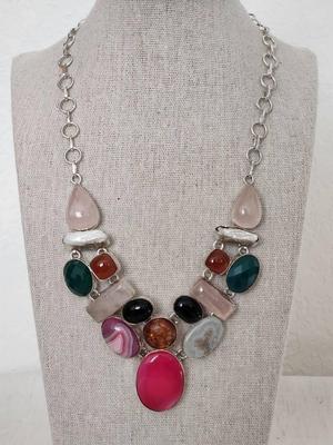 Multi Colored Stone Necklace Plated In .925 Silver 