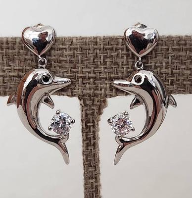 Dolphin & Heart White Topaz Earrings In .925 Silver 