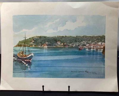 Watercolor print of lakka waterfront
