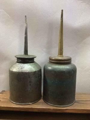 Oil cans metal long spout container one unbranded one eagle made