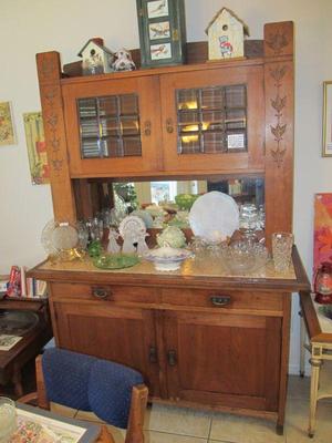 Antique 1900s Arts n Crafts hutch w/ inlay marble, leaded glass doors, & exquisite hand carved details, $1195  PRE-SALE ITEM