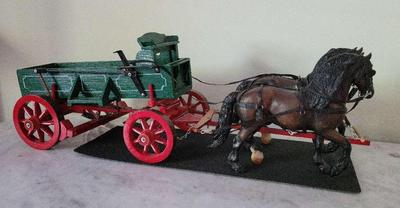 OLD WAGON MODEL WITH HORSES IN A DISPLAY CASE 