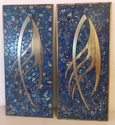 PAIR OF ABSTRACT MCM WALL PLAQUE BRUSHED METAL AND STONE MOSAIC BY SIGFRIDO PINEDA 