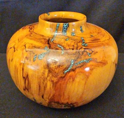 WOOD HANDTURNED DECORATIVE VASE WITH TURQUOISE INLAY BY JIMMY COOK 