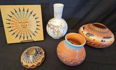 FOUR LOVELY HANDMADE POTS AND A SANDSTONE PICTURE