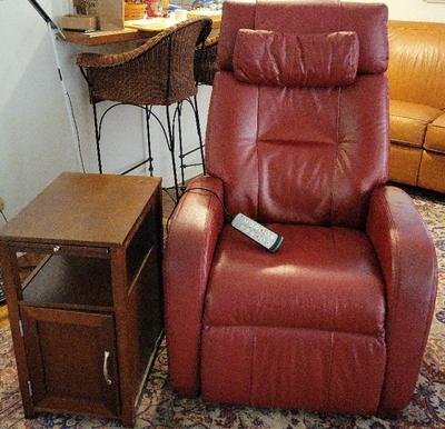RED LEATHER POWER RECLINER BY POSITIVE POSTURE AND SIDE TABLE