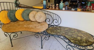 WROUGHT IRON BENCH AND TABLE 