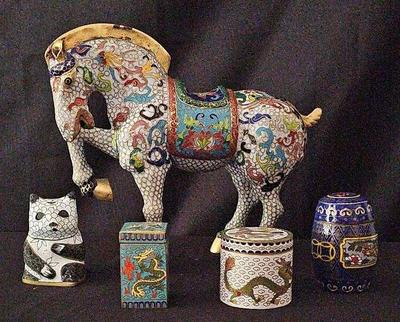 FIVE GORGEOUS CLOISONNE PIECES OF ART