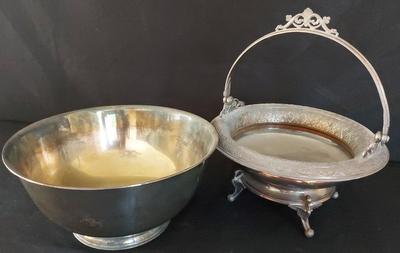 ANTIQUE ROGERS FOOTED SILVER PLATE BRIDE'S BASKET AND ONEIDA SILVER PLATED BOWL