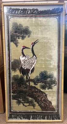 Large Framed Chinese Tapestry of Red-Crowned Cranes on Pine Branch