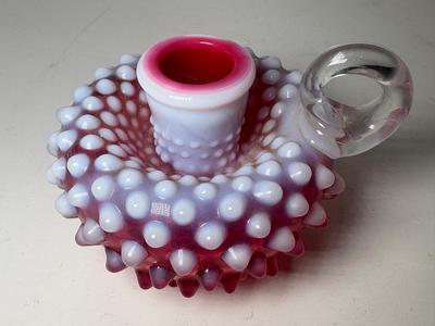 Fenton Hobnail Cranberry Opalescent Handled Candleholder