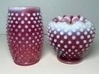 Vintage Fenton Cranberry Opalescent Rose Bowl & Flat Barrell Tumbler