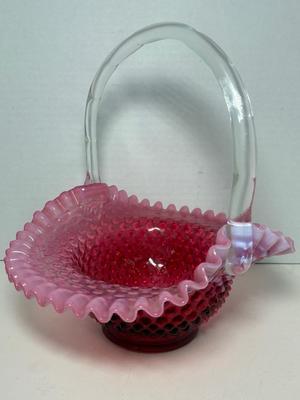 Vintage Large Fenton Dark Cranberry Hobnail Opalescent Basket W/Vaseline 