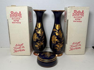 Royal Porzellan Bavaria KPM Echt Cobalt Vases & Trinket Boxes