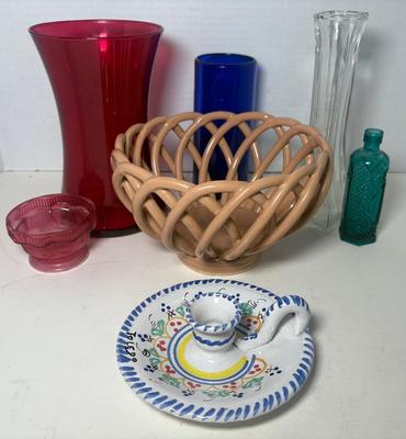 Fenton Bowl, Ceramic Basket Bowl & Glass Vases