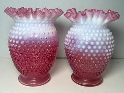 Pair Of Vintage Fenton Cranberry Opalescent Hobnail Vases