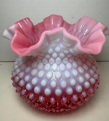 Hobnail Cranberry Opalescent Ruffled Edge Large Circular Vase W/Vaseline Glass