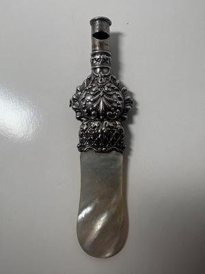 Antique Baby Rattle & Whistle Sterling Silver w/Mother of Pearl Teether