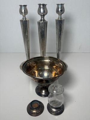 Antique Weighted Sterling Candlesticks, Pedestal Bowl & More