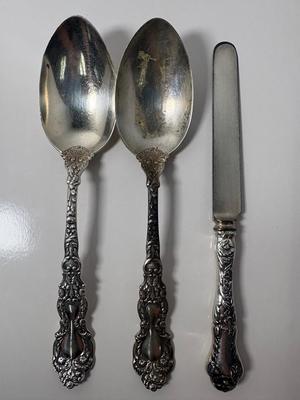 2 Gorham Sterling Silver Imperial Chrysanthemum Vegetable Serving Spoons & Knife