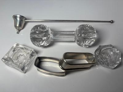 Large Crystal Knife Rest, Sterling Napkin Rings, Sterling Candle Snuffer & Salt Dishes