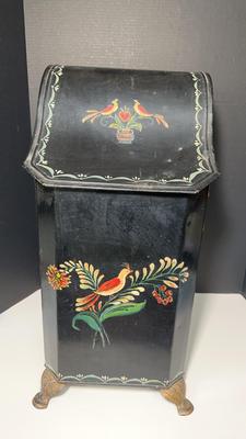 Victorian Toleware Hand-Painted Black Metal Coal Scuttle