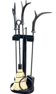 Wrought Iron Fireplace Tools & Stand With Antler Motif