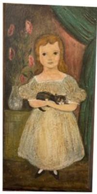 Girl With Kitten And Roses Portrait - Painted on Wood - Signed Hand Painted