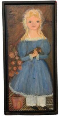 Standing Girl In Blue Dress With Puppy - Signed On Back- By Hand, The Roberts Family, Avon, CT