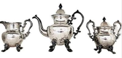 Coffee Service - Silver On Copper Footed Set - Coffee Pot, Creamer, & Covered Sugar