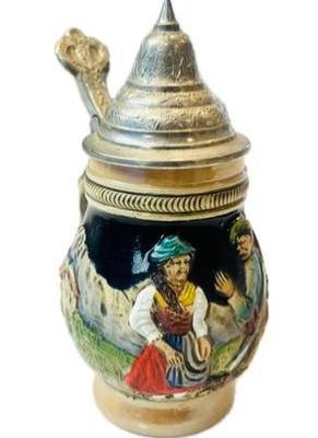 Sale Photo Thumbnail #134: German Salt Glaze Beer Stein With Pewter Hinged Lid - Signed "Jagers Abschied"
