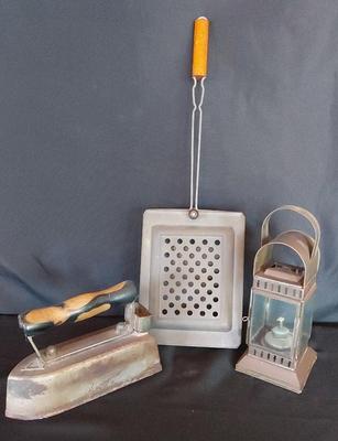 ANTIQUE IRON, BED WARMER AND OIL LAMP