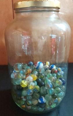 BIG GLASS JAR WITH COLORFUL GLASS MARBLES