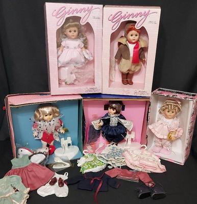 FIVE GINNY DOLLS BY VOGUE DOLLS AND SIMILAR SIZE OUTFITS BY LAWTONS