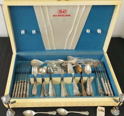 SILVER PLATED UTENSILS, TWO STERLING SILVER SPOONS, AND MORE