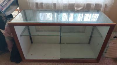 WOODEN DISPLAY CABINET WITH GLASS SLIDING DOORS