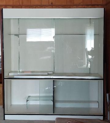 LARGE WOODEN DISPLAY CABINET WITH GLASS SHELVES AND DOORS